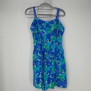 Vintage Sea Waves Romper Swimsuit Women 20 Blue Green Floral 90s Retro Beachwear